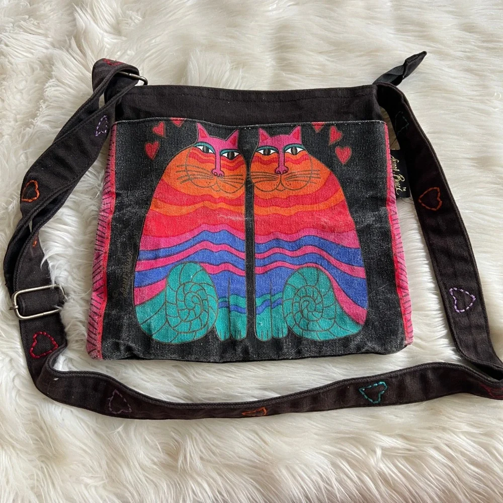 Laurel Burch Rainbow Cat Canvas Crossbody Bag Black Heart Strap Sun N Sand India